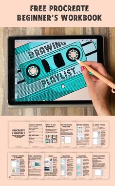 a person is drawing on an ipad with the text, free procreate beginner's workbook