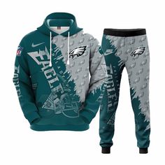 The hoodie features a cozy hood and a front kangaroo pocket, providing warmth and convenience, while the sweatpants are designed with an elastic waistband for a secure fit. The combination of functionality and style makes this set ideal for lounging at home, hitting the gym, or cheering from the stands. With its vibrant design, this tracksuit is a must-have for any Philadelphia Eagles enthusiast looking to showcase their team spirit Hooded Tracksuit, Luxury Clothes, Athletic Style, Fly High