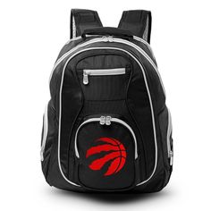 a black backpack with a red basketball on it