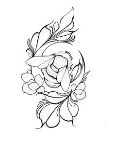 a black and white drawing of flowers with leaves on the bottom half of their petals