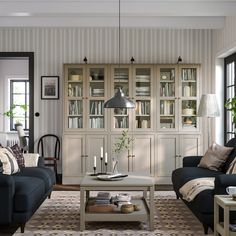 a living room with two couches, a coffee table and a bookcase in it