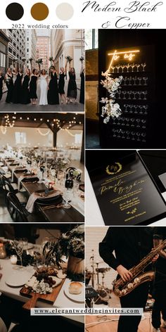 a collage of photos with the words, wedding colors and names on it in black