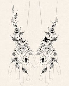 two hands with flowers and leaves drawn on them, one is holding the other's hand