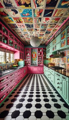 a kitchen with pink cabinets and black and white checkered flooring, painted in bright colors