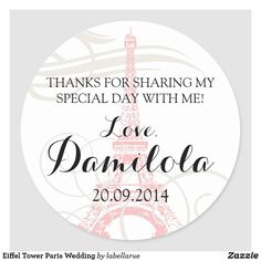 thank for sharing my special day with me round sticker, pink and white eiffel tower