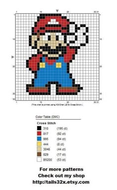 an image of the mario bros cross stitch pattern with instructions to make it look like he is