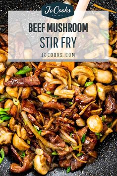 beef mushroom stir fry in a skillet with chopsticks