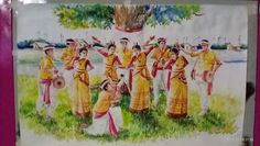 a painting of some people in yellow and white outfits standing near a tree with their hands up