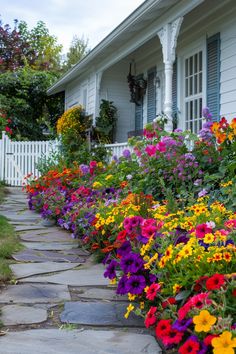 colorful flowers line the side of a white house