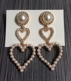 "Brand new beautifully designed dangle/drop women's pierced stud earrings, made with crystals & pearls. handmade to perfection and ready to be cherished & enjoyed. 2 3/4\" length, 1 1/8 width. please check-out our etsy store, as many more unique items are awaiting your viewing there." Glamorous Metal Jewelry With Pearl Drop, Glamorous Metal Pearl Drop Jewelry, Metal Clip-on Pearl Drop Earrings For Gift, Dangle Heart Beads Jewelry For Party, Silver Pearl Earrings For Valentine's Day, Glamorous Double Heart Jewelry Gift, Glamorous Double Heart Jewelry As Gift, Mother's Day Pearl Drop Dangle Jewelry, Mother's Day Dangle Pearl Drop Jewelry