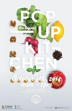 an advertisement for the pop up kitchen event with various fruits and vegetables on it