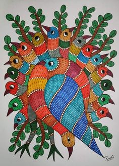 a colorful drawing of birds sitting on top of a tree branch in the shape of a heart