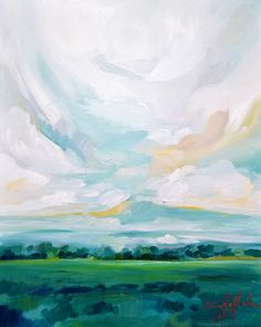 an oil painting of clouds over a green field