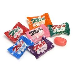 six different flavors of candy are shown in this image, including one with the word zot on it