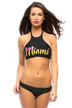 Halter top with front Miami graphic, tie back.