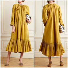 Max Mara Veranda Pleated Taffeta Midi Dress Women’s Size 12 Color: Mustard Taffeta Round Neckline Long Sleeves Buttoned Cuffs Back Zip Fastening Pleated Hem Oversized Fit 75% Polyester, 25% Silk Dry Clean Made In Italy Preowned In Good Condition. Minor Untreated Spots Noted On Back, Looks Like Body Lotion Or Deodorant Spots. See Pictures For Approximate Measurements. Smoke Free Home. Yellow Silk Dress For Daywear, Oversized Pleated Spring Dress, Yellow Silk Dress With Ruffles, Yellow Pleated Dress For Daywear, Luxury Pleated Midi-length Maxi Dress, Yellow Pleated A-line Midi Dress, Luxury Pleated V-neck Midi Dress, Max Mara Leisure Dress, Size 12 Dress