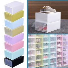 several different types of shoe boxes stacked on top of each other