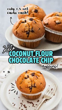 two pictures showing different types of chocolate chip muffins on white plates with text overlay