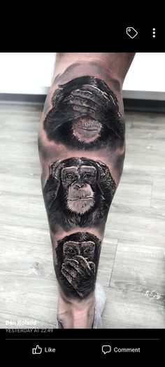 a man's leg with an image of three monkeys on it and the bottom half of