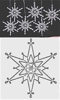 snowflakes are hanging from the ceiling and in different stages of being knitted