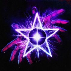 two hands reaching towards a star with purple and blue lightening in the middle, on a black background