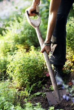 a man holding a shovel and digging in the ground with his hand on top of it