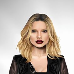 a digital painting of a woman with blonde hair and red lipstick wearing a black leather jacket