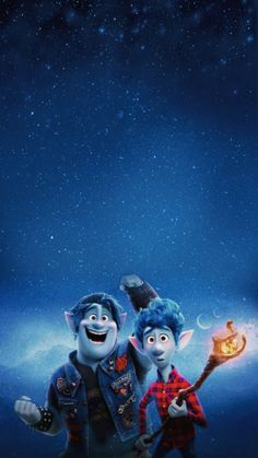 two cartoon characters are holding torches in front of the night sky with stars above them