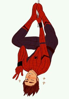 a spider man hanging upside down with his hands in the air and one foot up