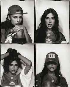 four black and white photos of women in baseball caps, posing for the camera with their hands on their head