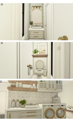 three different shots of a bathroom with white walls and cabinets, including a washer and dryer