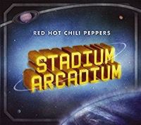 the title for red hot chili peppers'stadium arcadeum, with saturn in the background