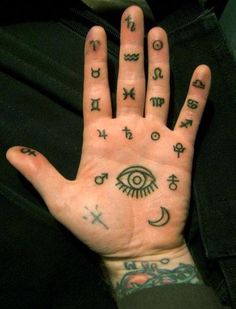 a person's hand with all seeing symbols on it and an eye drawn on the palm