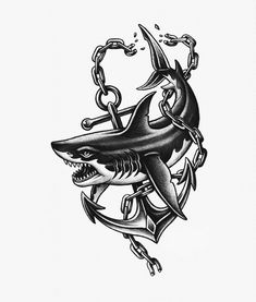 a drawing of a shark with chains around it's neck and teeth on the side