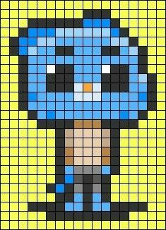 an image of a pixellated character in blue and yellow