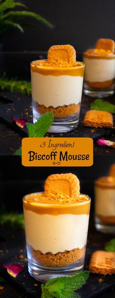 there are three desserts with different toppings on the top one is cheesecake and the other is biscuit mousse