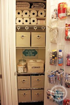 an organized pantry with lots of boxes and containers on the shelves, including rolls of toilet paper