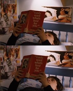 a woman laying in bed reading a book with the caption only want what's best for you