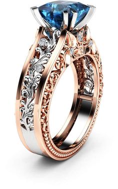 a rose gold and silver wedding ring set with a princess cut diamond in the center