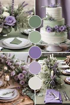 the table is set with purple and green flowers, greenery, and white plates