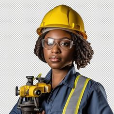 a woman wearing glasses and a hard hat holding a driller in front of her face