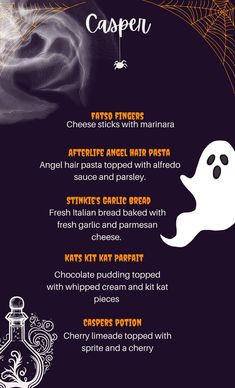 a menu for a halloween themed restaurant with ghost and pumpkins on the side,