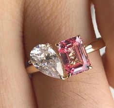 Pink Emerald & Pear Colorless Toi Et Moi Ring Big Diamond Ring For Wedding CZ Double Gem Engagement Ring, Toi Eat Moi With Wedding Band, Big Diamond Ring, Big Diamond Rings, Gem Engagement Rings, Ring For Wedding, Pink Emerald, Big Diamond, Dream Jewelry