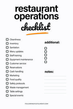 a restaurant checklist with the words restaurant operations checklist written in orange on it