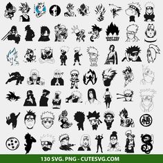 the silhouettes of various anime characters are shown in black and white, with green accents