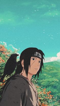 a man standing next to a black bird on top of a lush green field under a blue sky