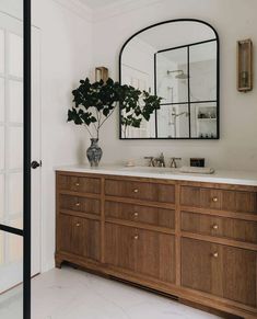 a bathroom with a large mirror above the sink and a plant in front of it