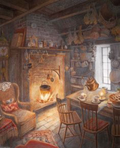 a drawing of a kitchen with a fireplace