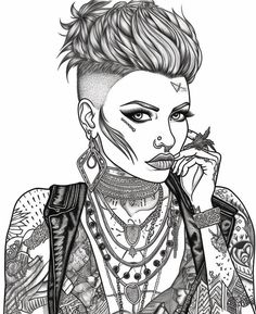 This coloring page features a fierce and rebellious punk girl with a striking appearance. Her body is covered in intricate tattoos, and she exudes an air of confidence and independence. Let your creativity run wild as you bring this unique and edgy character to life with your favorite colors. : #ColoringPage #PunkGirl #Tattoos #Rebellious #Independent #Creative #Edgy #Artistic Tattoo Coloring Pages, Fast Logo, Coloring Designs, A Coloring Page, Intricate Tattoo, School Coloring Pages