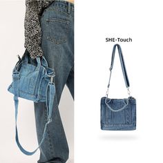 BASSO Exclusive. Not available in stores. Main Material: Denim Mochila Jeans, Jean Diy, Ropa Upcycling, Jeans Bags, Denim Handbags, Girls Tote, Denim Shoulder Bags, Recycled Jeans, High Street Fashion